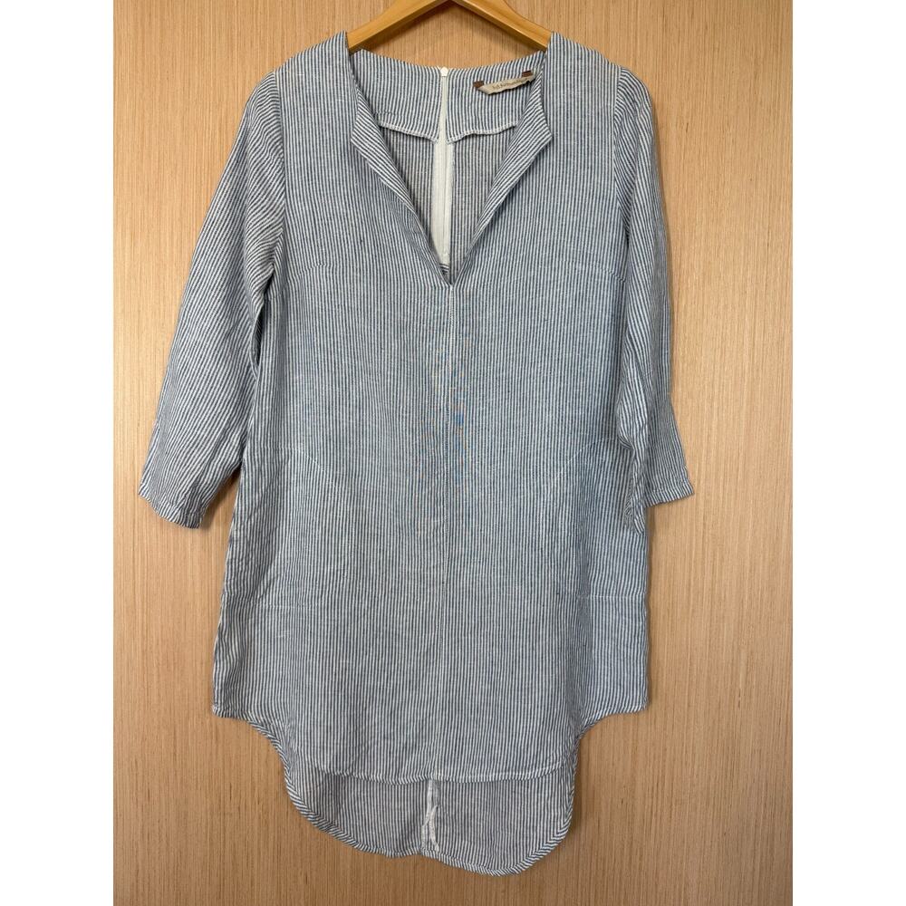 Soft Surroundings 100% Linen Getaway Striped Tunic Top Sz Small Pockets Coastal - Picture 2 of 11
